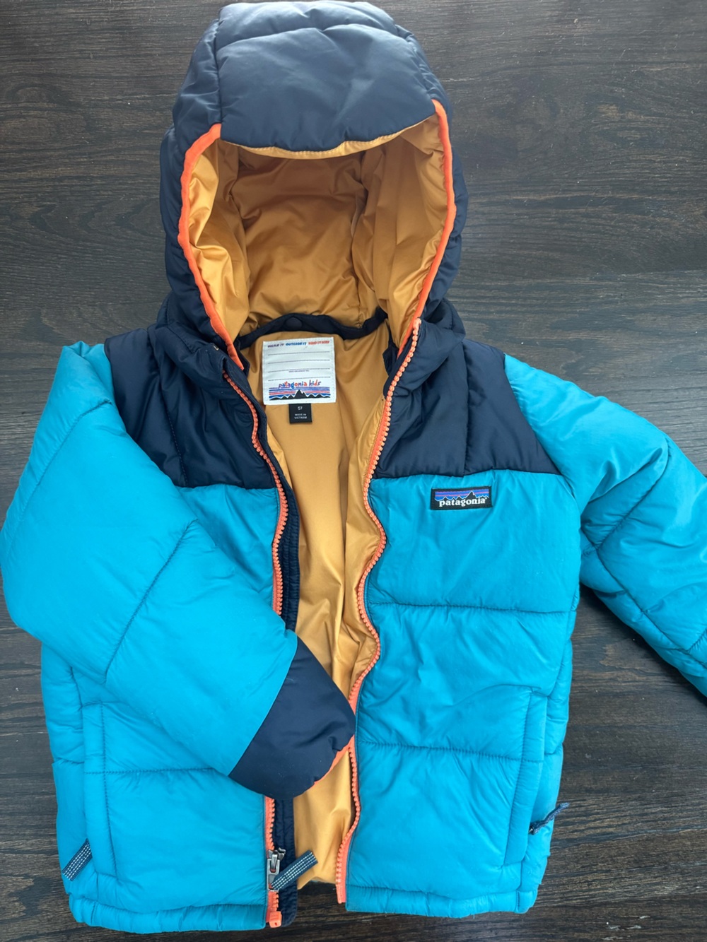 Patagonia Kids Teal and Navy Puffer with Gold Lining and Orange Trim